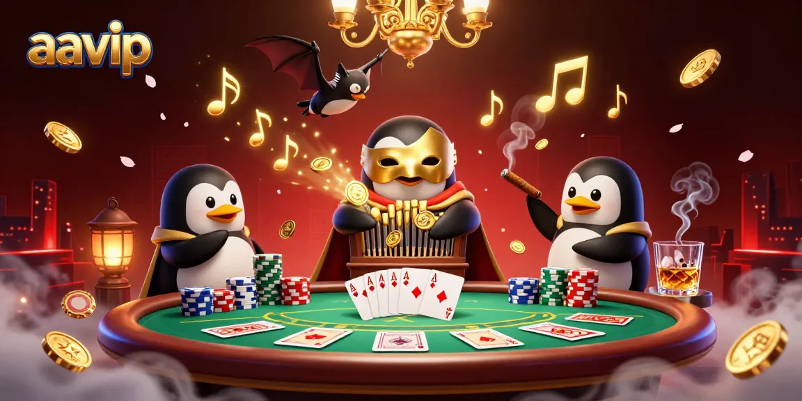 AAVIP showcases thrilling poker action with a cartoon penguin and golden coins in a vibrant casino scene.
