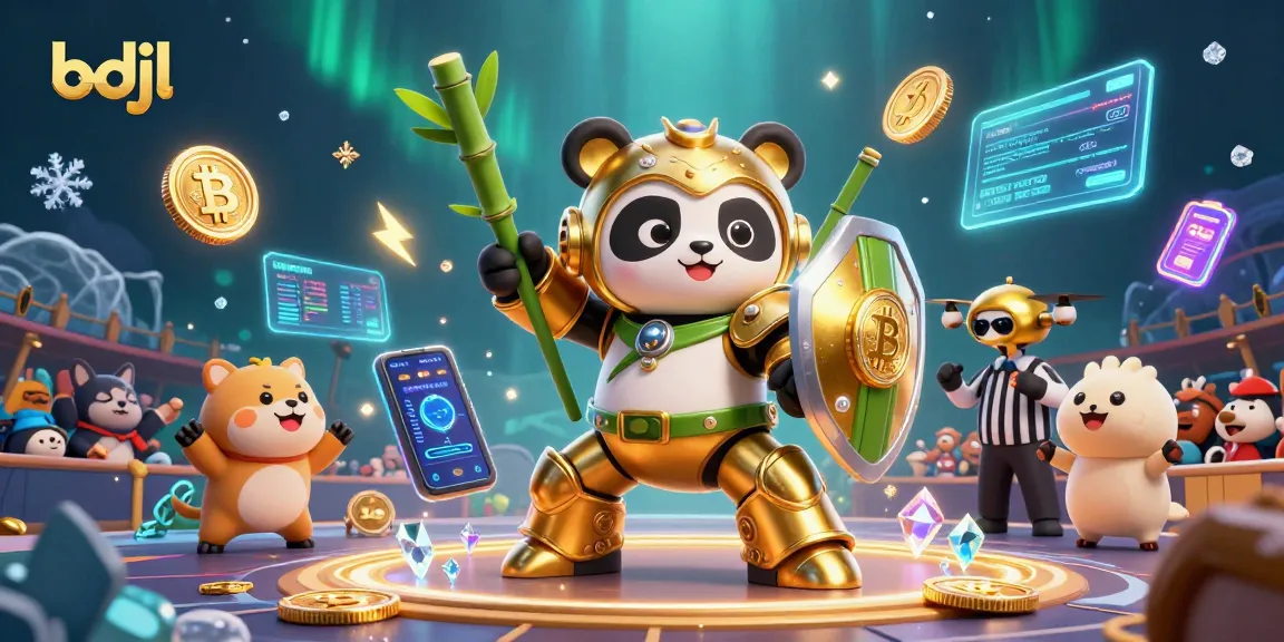 Engage in casino action with bdjl, featuring a mech-suit panda battling amidst vibrant crypto symbols.