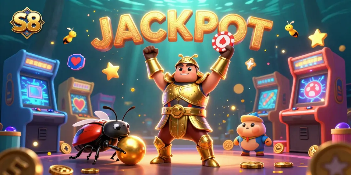 S8 presents a victorious beetle in armor winning at casino games amidst a colorful gaming background.