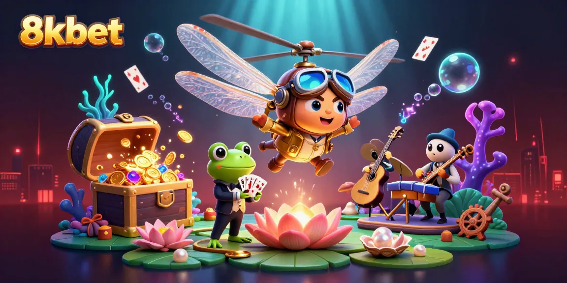 Engage in thrilling gaming at 8xbet with a cartoon dragonfly pilot and frog croupier.