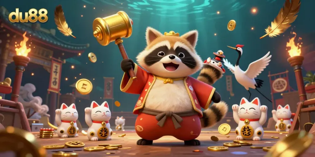 Experience thrilling betting excitement with du88's vibrant casino scene featuring a cheerful tanuki and lucky cats.