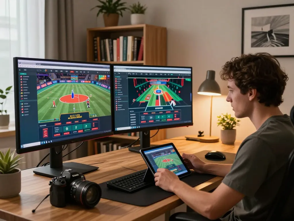 Engaging online gaming setup at home showcasing https://33cc.info/, live dealer games displayed on screens.