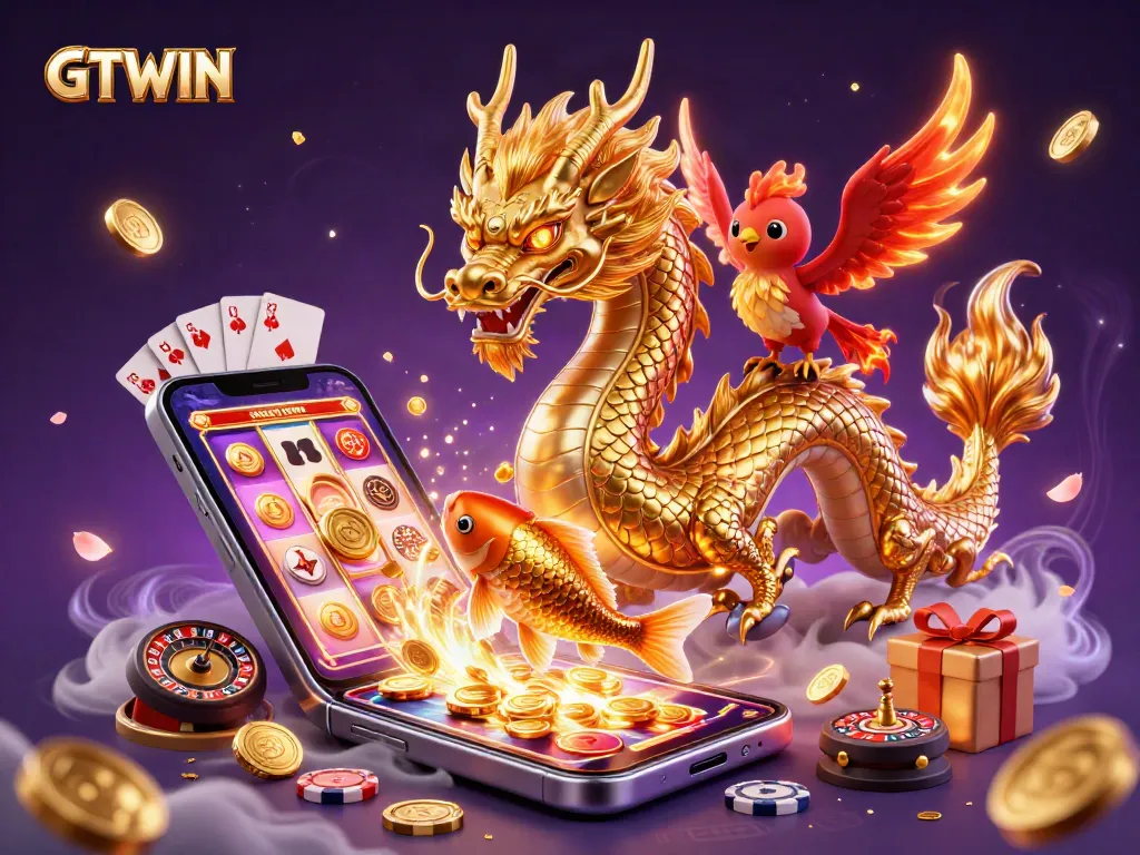 GTWIN presents an exhilarating casino atmosphere with a dragon and phoenix amidst a flurry of gaming elements.
