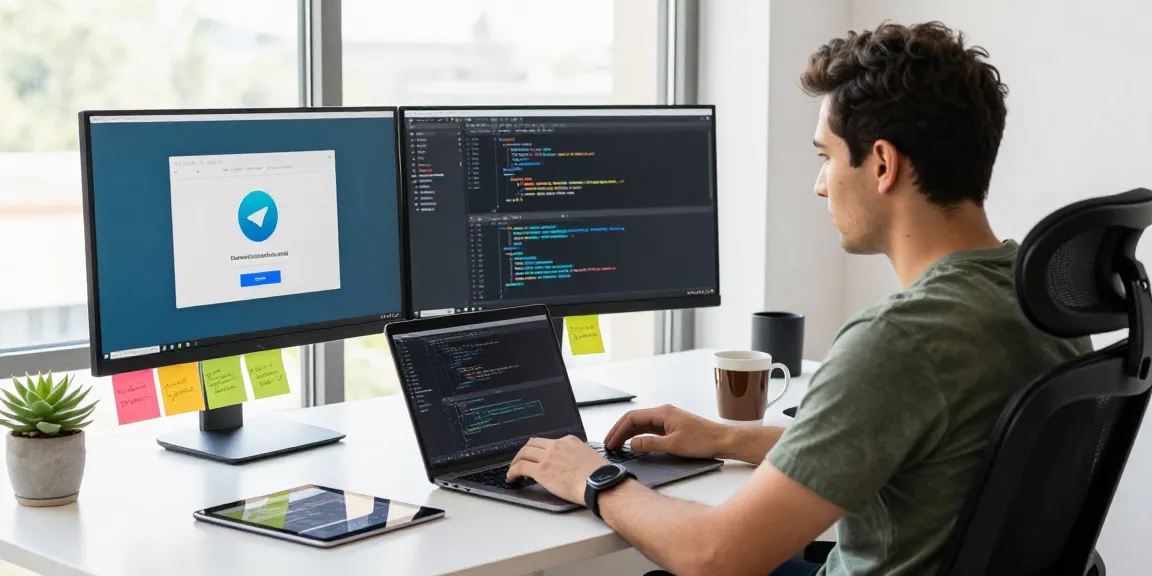 Developer reviewing Telegram download on dual monitors in a bright workspace.