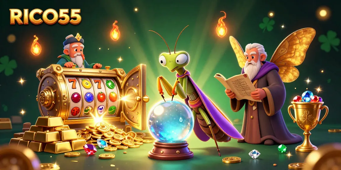 Experience RICO55 with an enchanting scene featuring a mystical fortune teller and golden gaming treasures.