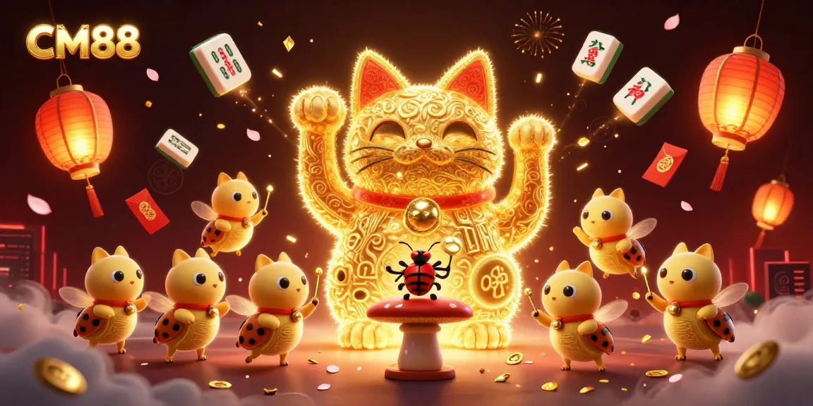 Watch CM88 transform luck with dazzling casino symbols from a giant lucky cat illustration.