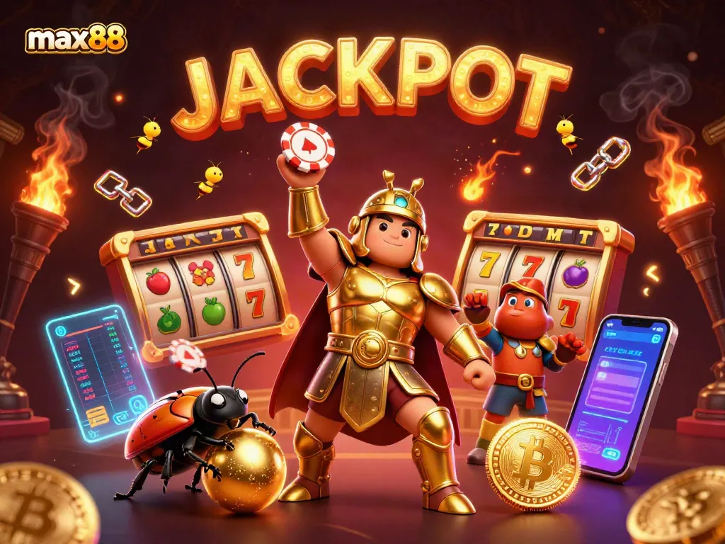 Experience max88's thrilling slots with a golden-armored beetle celebrating a jackpot.