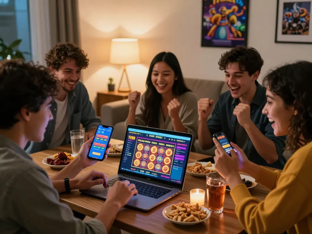 Group of friends enjoying online gambling on TR88 platform in a cozy living room.