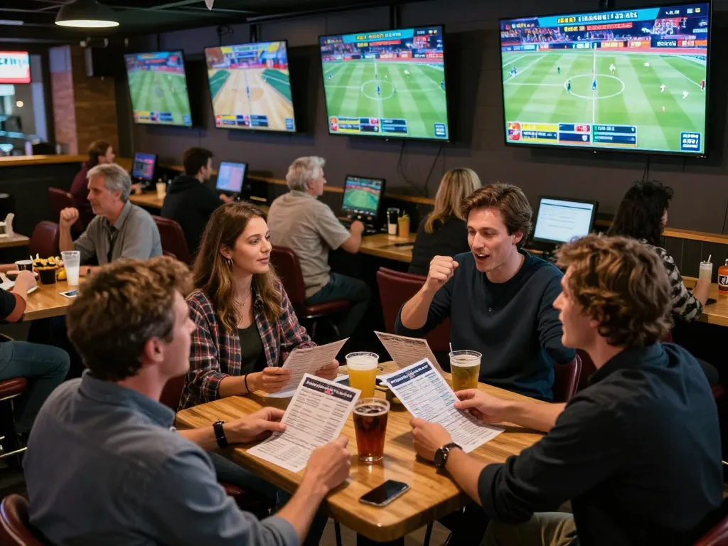 Soi kèo betting action unfolds in a vibrant sports bar, fans watching live games and placing bets