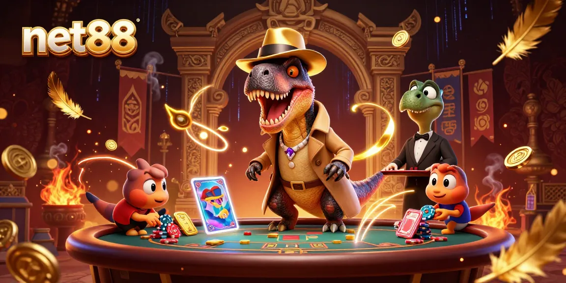 Experience net88 with thrilling blackjack action featuring a velociraptor, stegosaurus, and compy in a lively casino scene.