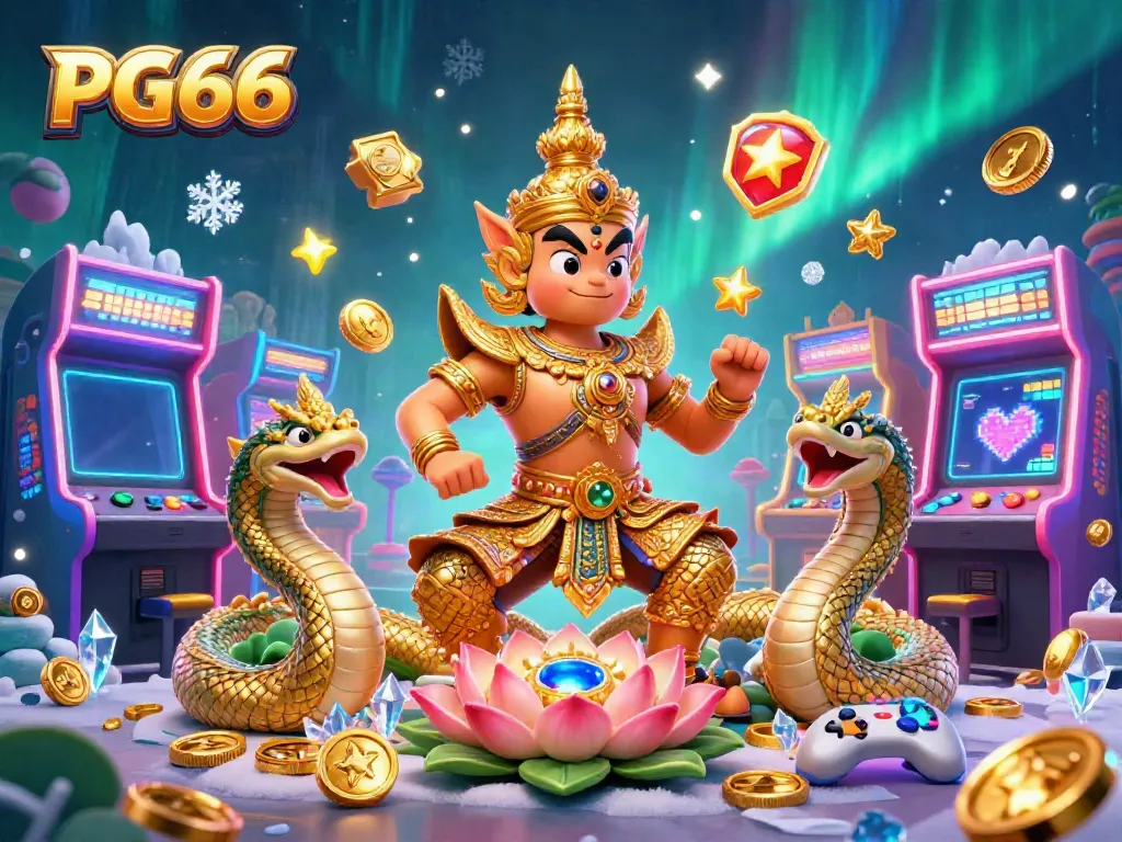 Experience the vibrant casino world of PG66, highlighted by a 3D yaksha guardian and golden Naga companions amidst colorful gaming elements.