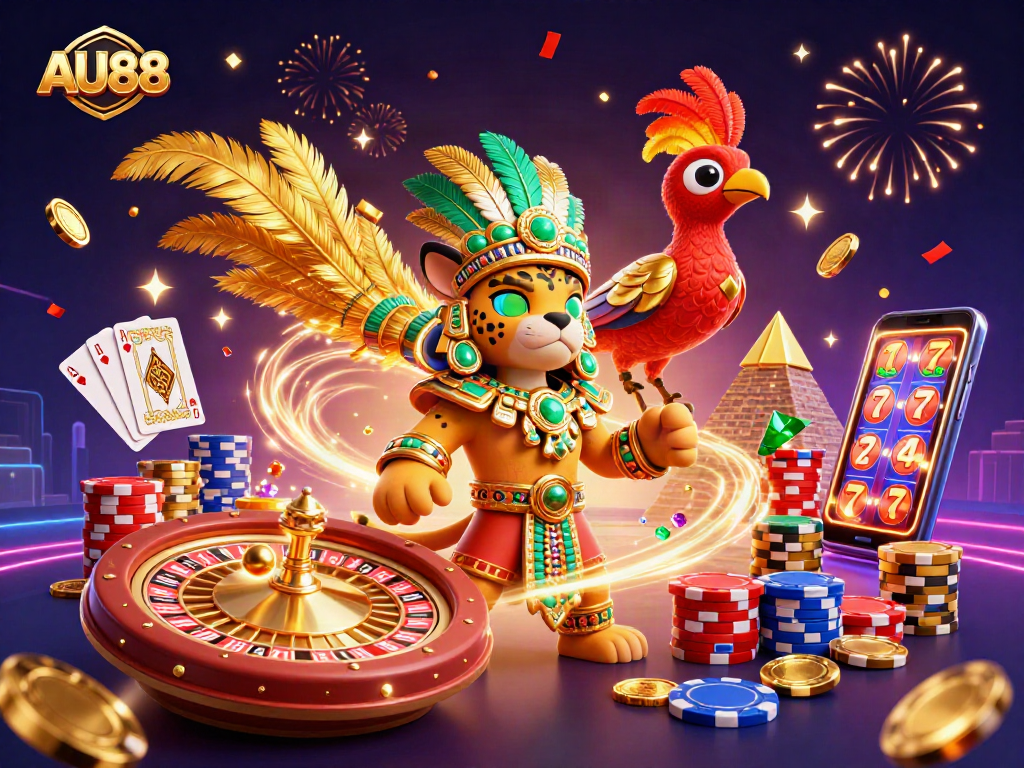 Engage with AU88's thrilling casino experience illustrated by a vibrant scene filled with jackpot symbols.