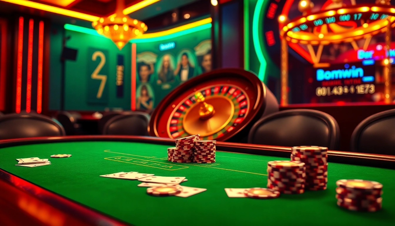 Engaging scene of high-stakes poker at a Bomwin casino table showcasing chips and cards.