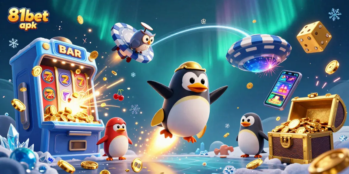 Experience excitement with the 81bet apk, featuring vibrant slot machines and a golden penguin in space.