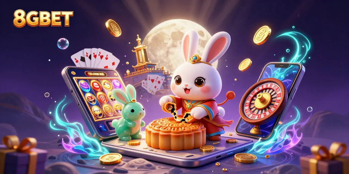 Experience thrilling gaming with 8GBET, featuring a moon rabbit uncovering poker chips.