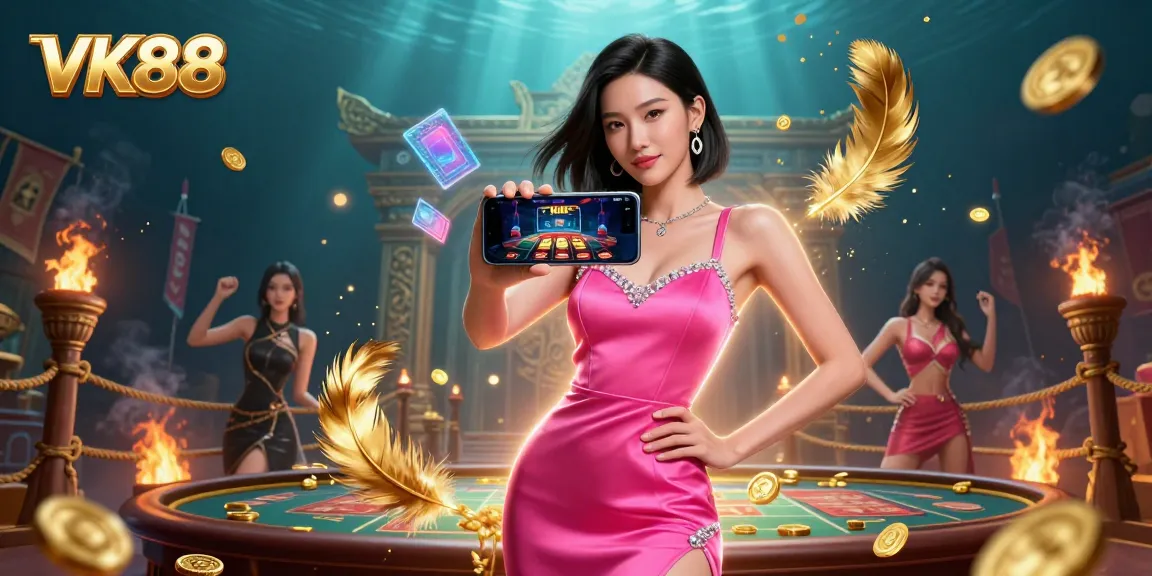 Win big with VK88 in this vibrant, action-packed 3D casino scene showcasing live dealer gameplay.