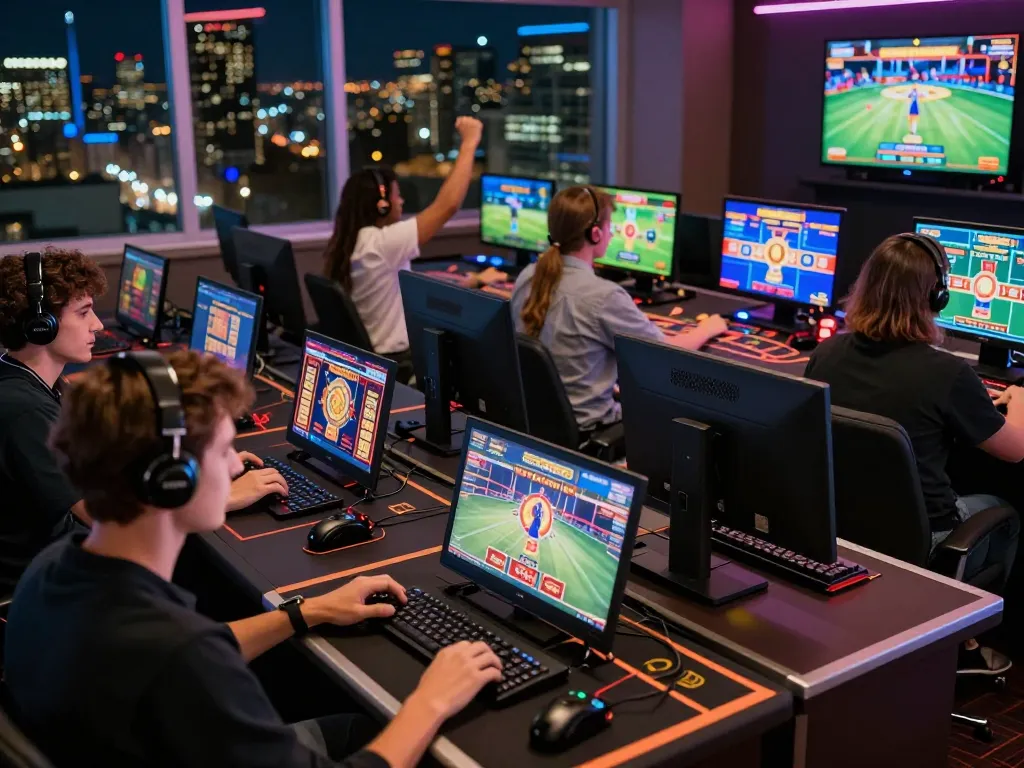 Players engaged in exciting online gaming experiences at 887bet virtual casino, showcasing vibrant screens and lively atmosphere.