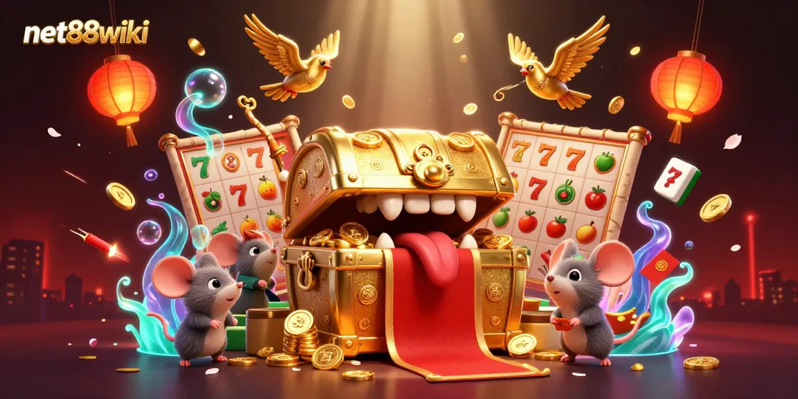 Engage with net88wiki's vibrant online casino scene featuring treasure chests and slot games.