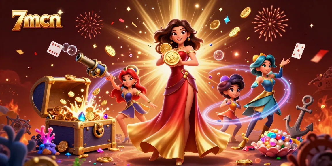 Experience thrilling wins with 7mcn in a vibrant casino scene filled with golden coins and gems.