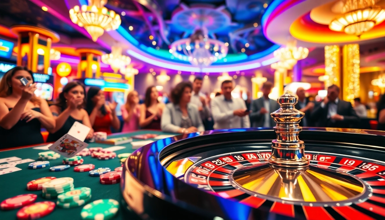 Joueurs excitants au site casino en ligne avec une roulette animée et des jetons colorés.
