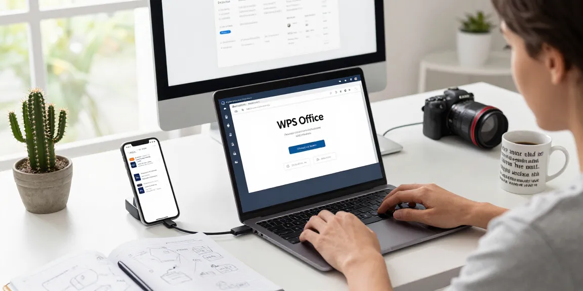 Download WPS Office on a sleek laptop in a modern workspace with productivity tools.