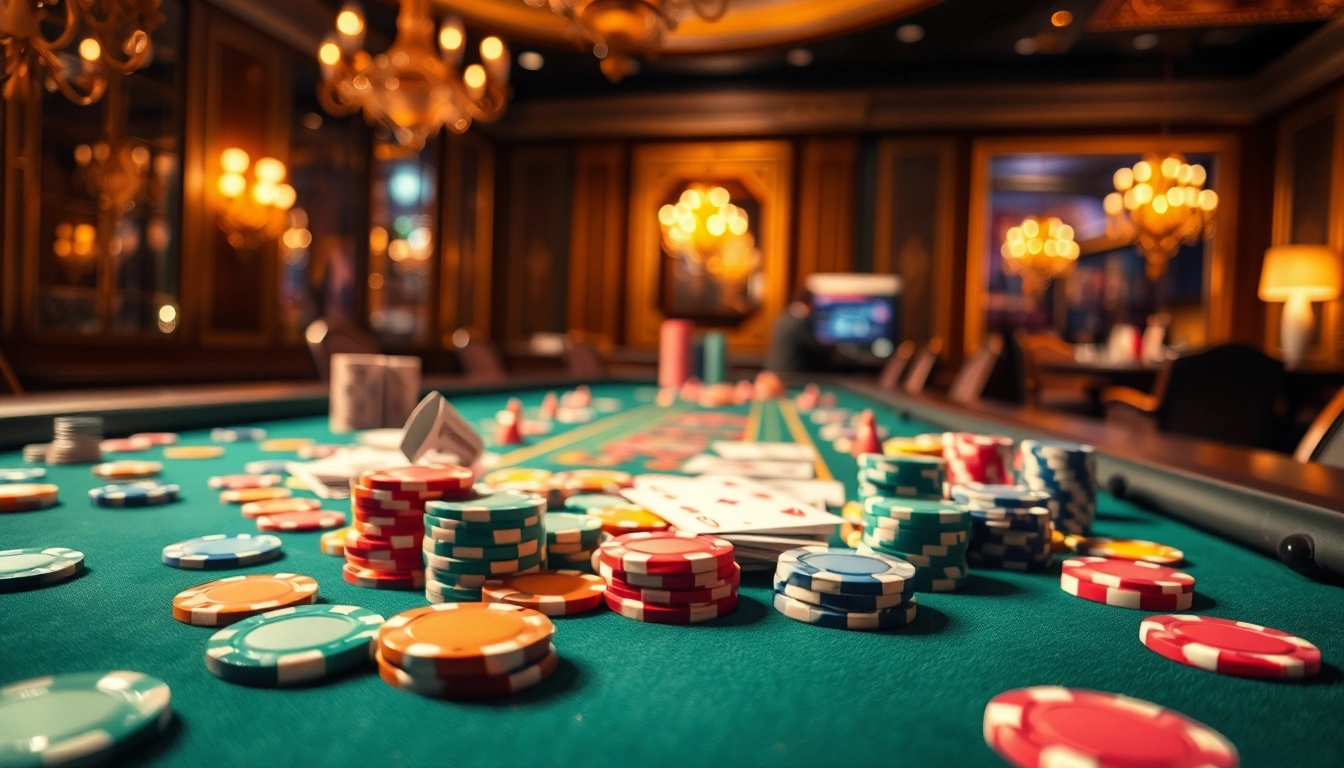 Slot deposit 5000 dengan suasana meja judi yang mewah dan chip berwarna-warni.