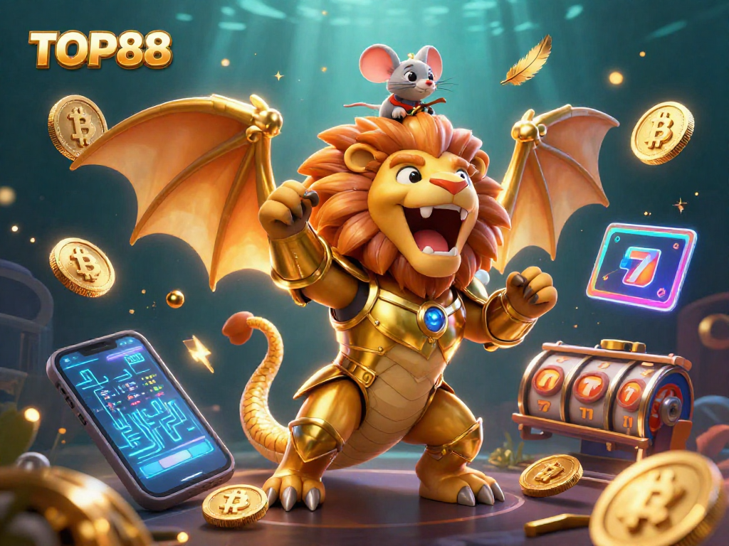 TOP88 casino-themed 3D illustration showcasing a chimera creature amidst Bitcoin and slot elements.
