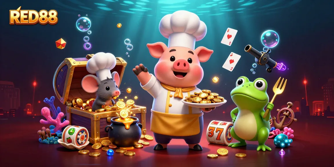 Engage with the vibrant RED88 casino scene featuring a chef pig serving gold coins and lively characters.
