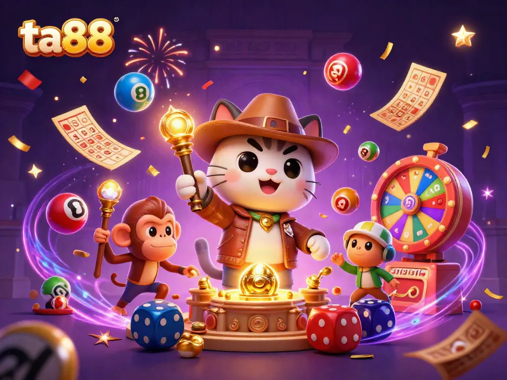 Engage with ta88 by witnessing a thrilling explorer cat and companion discovering casino treasures surrounded by colorful gaming elements.