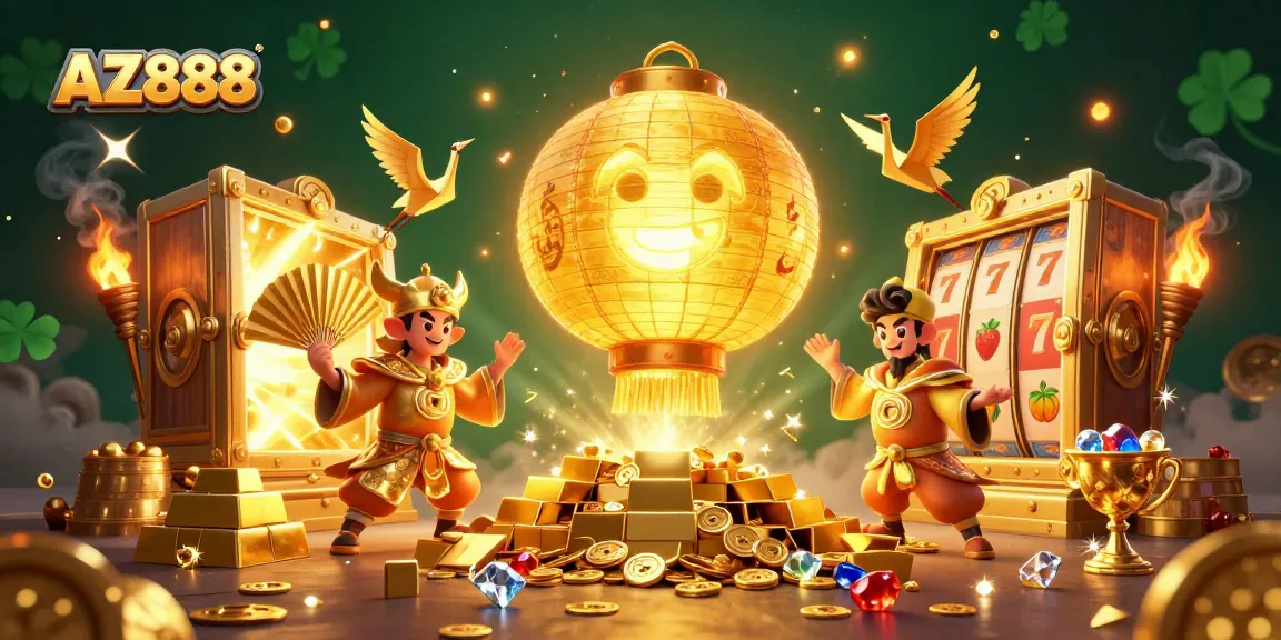 AZ888 glows at the heart of a vibrant 3D casino scene filled with golden treasures and slot reels.