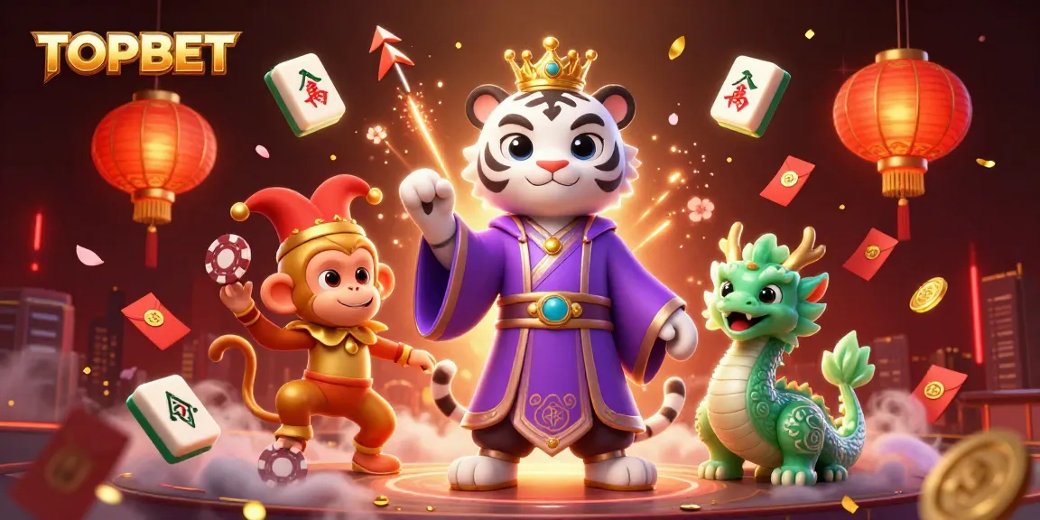 Experience the excitement at TOPBET with a whimsical illustration featuring a royal tiger, jester monkey, and jade dragon.