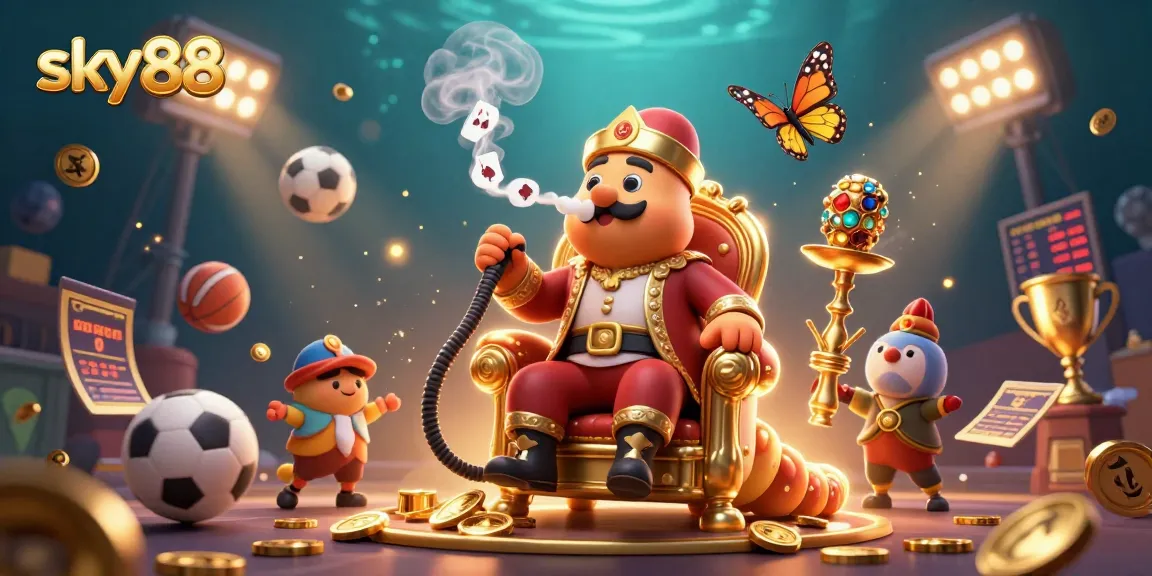 Join the excitement of sky88 with this vibrant 3D illustration featuring a caterpillar master and dynamic sports elements.