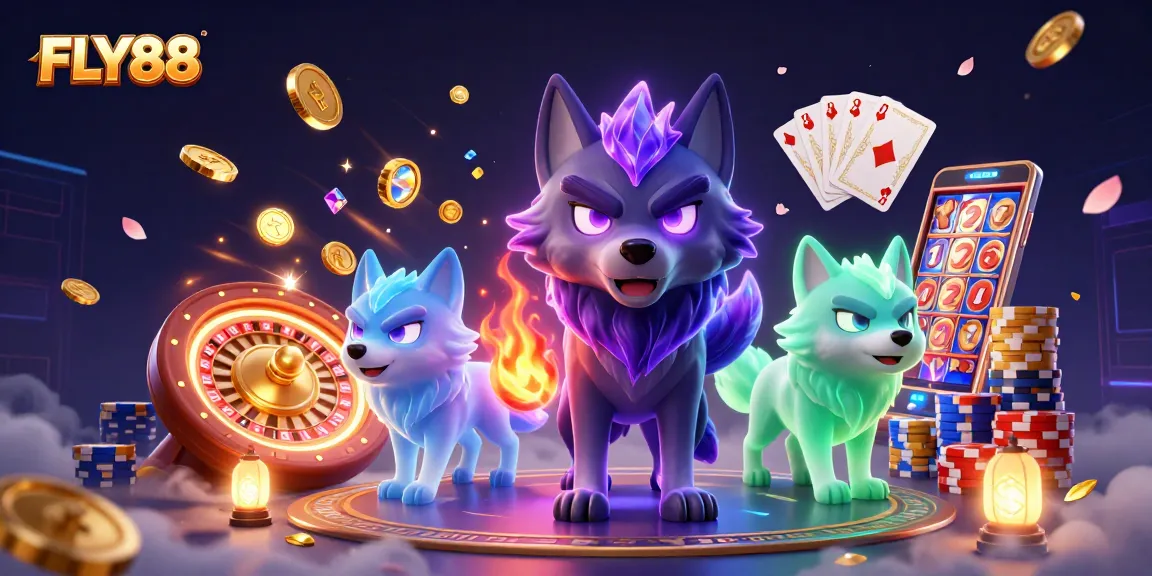 Engage with FLY88's thrilling slot games, showcasing vibrant characters and exciting casino elements.