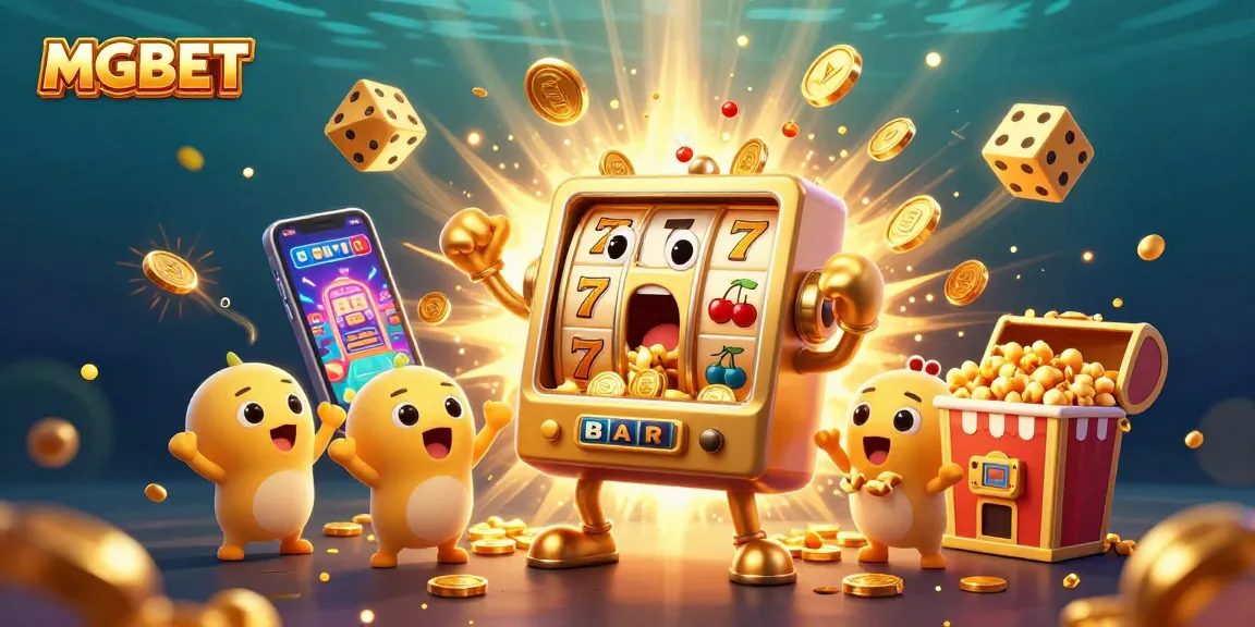 MGBET golden slot machine hitting jackpot surrounded by cheering buddies and exploding coins