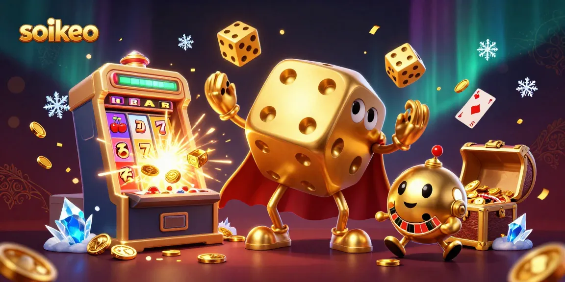 Engage with soikeo's dynamic casino illustration featuring golden dice and vibrant casino elements.