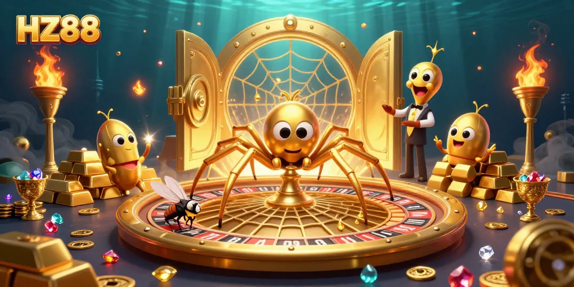 Bet on HZ88 as a golden spider spins a roulette wheel web surrounded by dazzling treasures