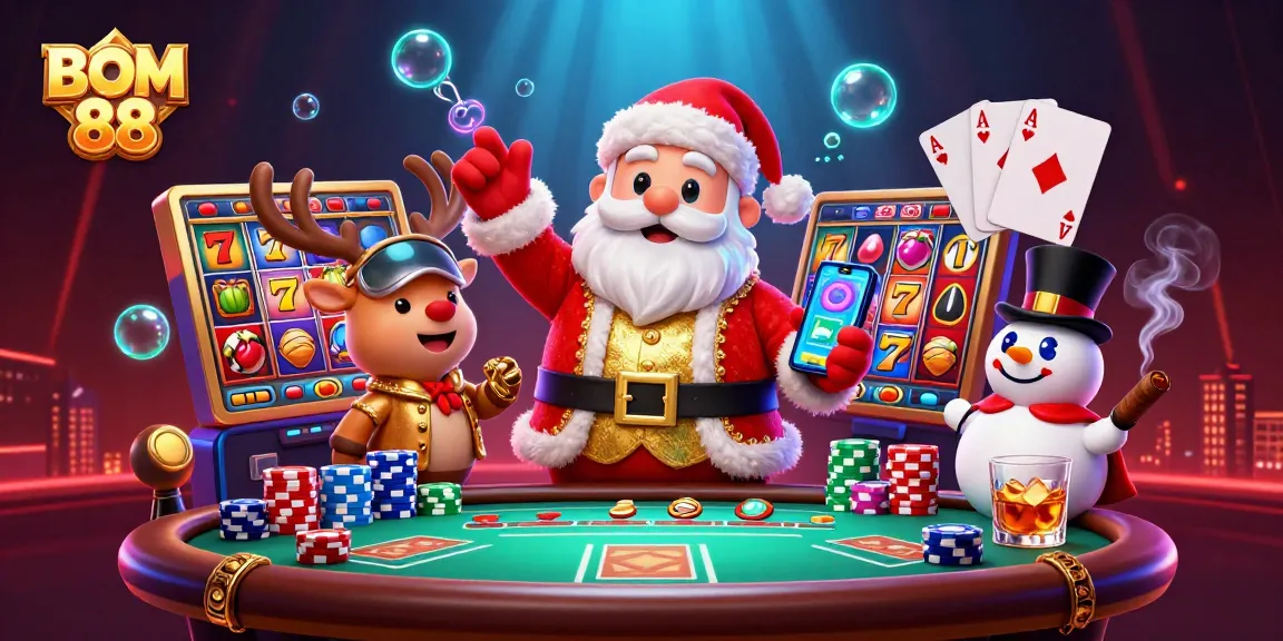 BOM 88 showcases a festive casino scene with Santa and friends celebrating slot wins.