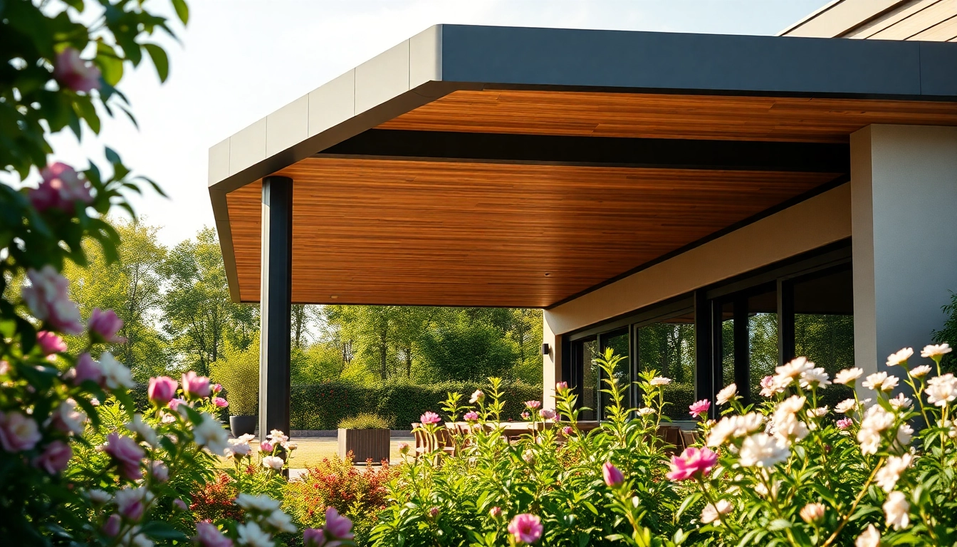 Gestalten Sie Ihre Terrassenueberdachung Ungarn mit eleganten modernen Designs auf einem bluehenden Garten.