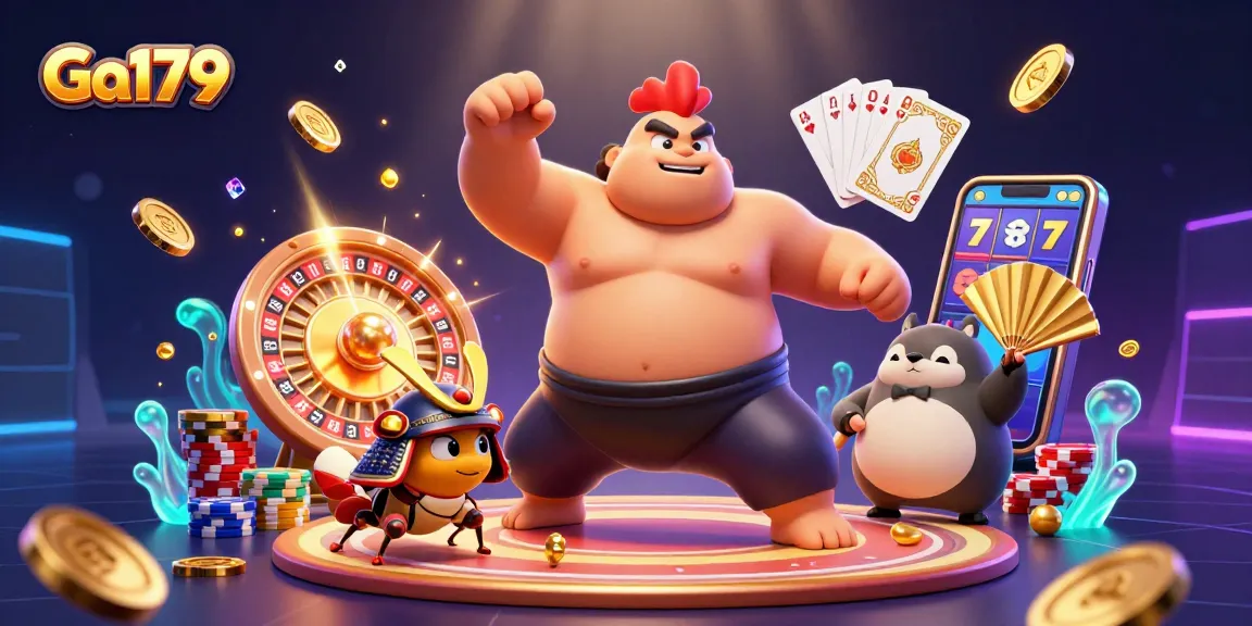 Ga179 features an exciting scene with a powerful rooster and samurai cricket amidst a dynamic casino environment.