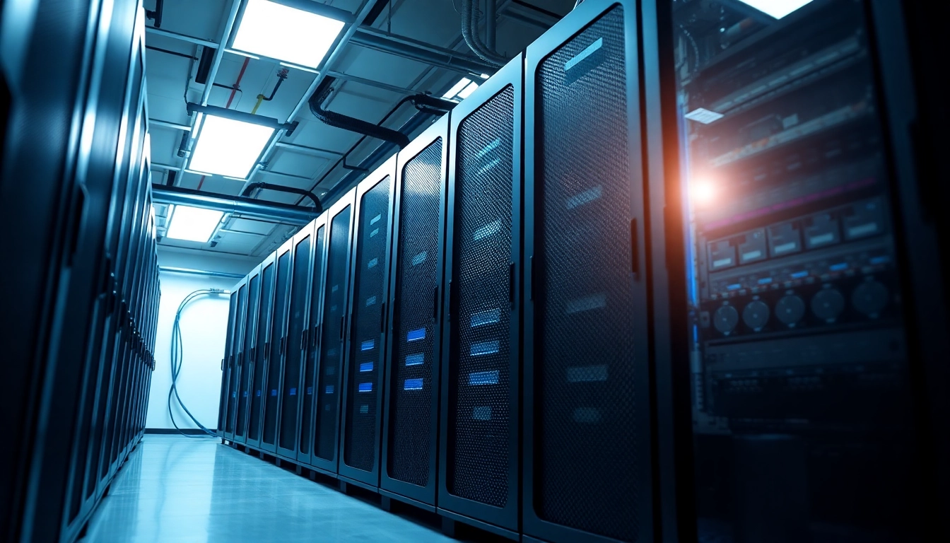 Showcase of adult web hosting infrastructure in a modern server room, highlighting sleek hardware.