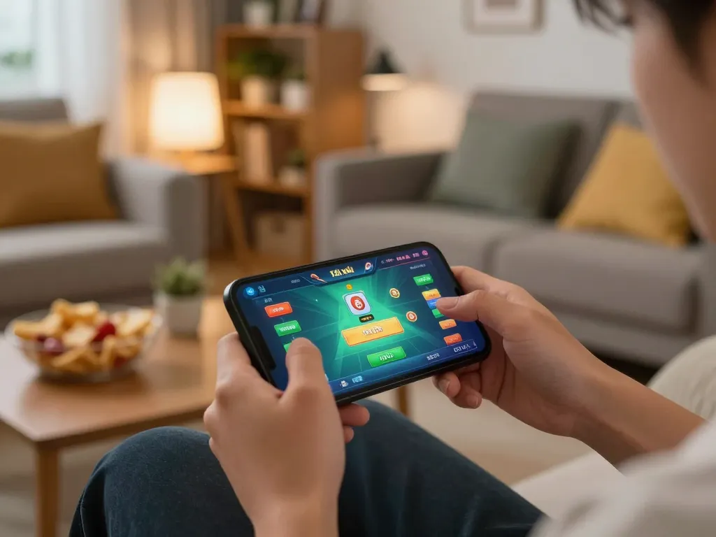 Engaging app tài xỉu online gameplay on smartphone in cozy living space, expressing strategic gaming enjoyment.