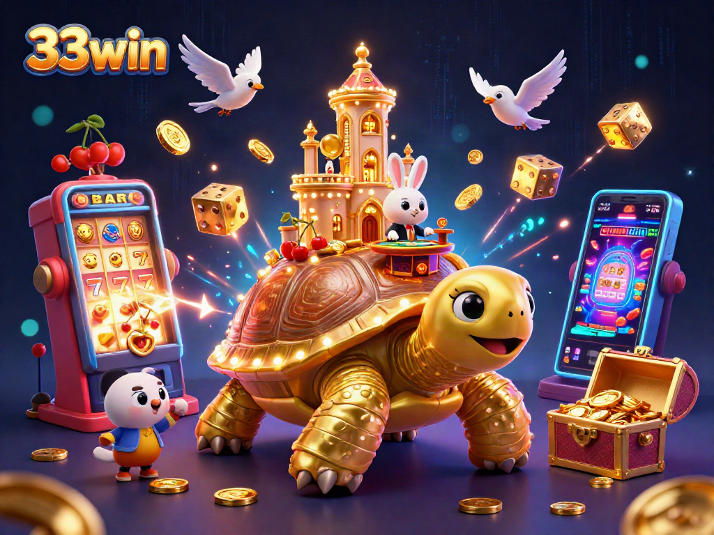Experience the thrill of winning at 33win with this vibrant casino illustration featuring slot machines and golden treasures.