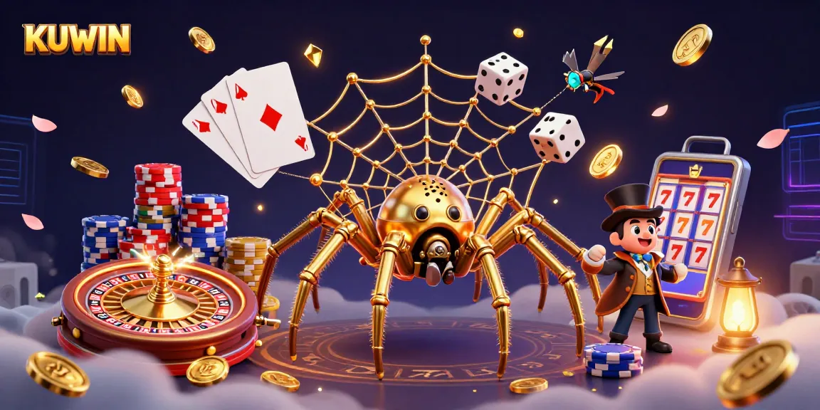 KUWIN’s vibrant casino scene shows a golden spider web of luck with dazzling game elements.