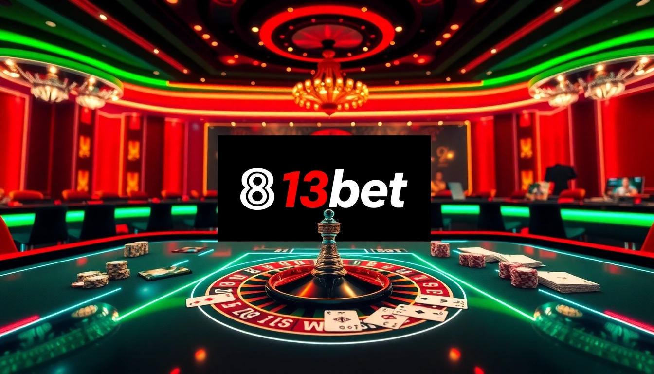 Participe de jogos empolgantes na 813bet com visuais de cassino imersivos que apresentam elementos de roleta e pôquer.