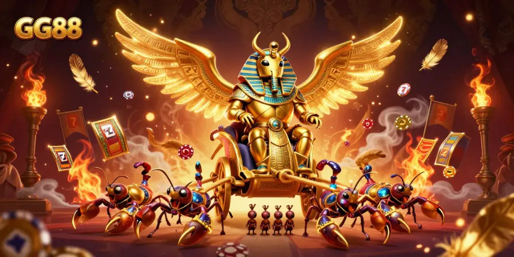 Engage with GG88's thrilling casino scene featuring a colossal scarab and dynamic slot game elements.