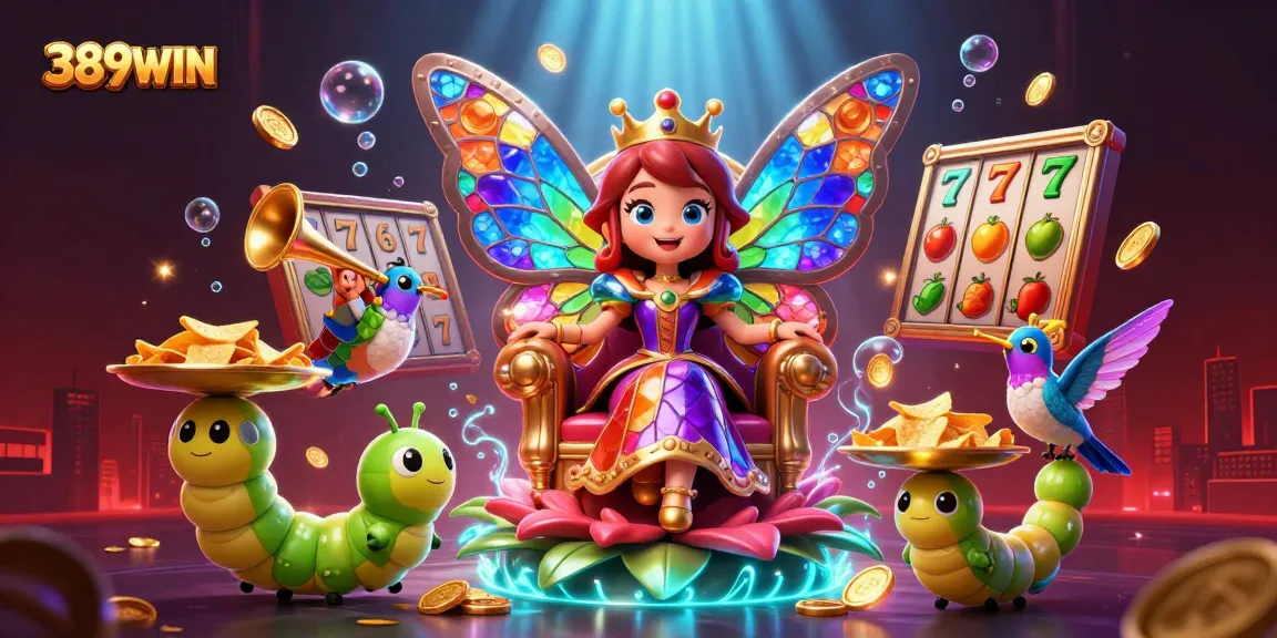 Experience 389WIN's vibrant atmosphere with dynamic slot reels and a butterfly queen in a lively casino setting.