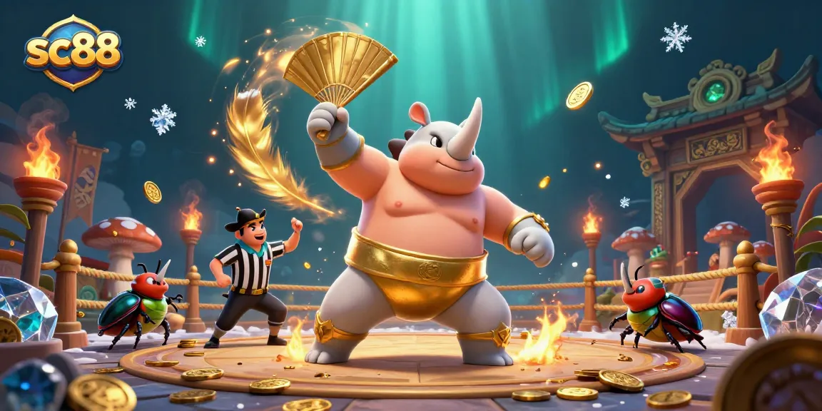 Experience thrilling gameplay at sc88 with a cartoon beetle champion battling in a vibrant casino arena.