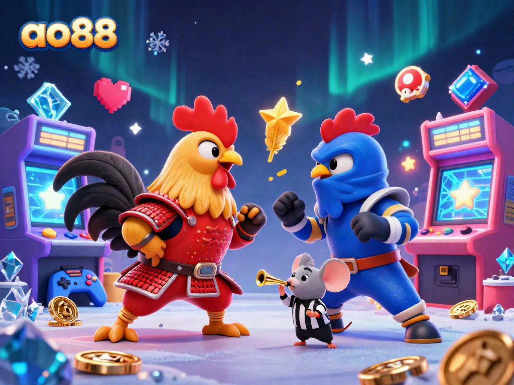 ao88 features lively roosters battling in a dynamic casino-themed scene, embodying excitement and strategy.