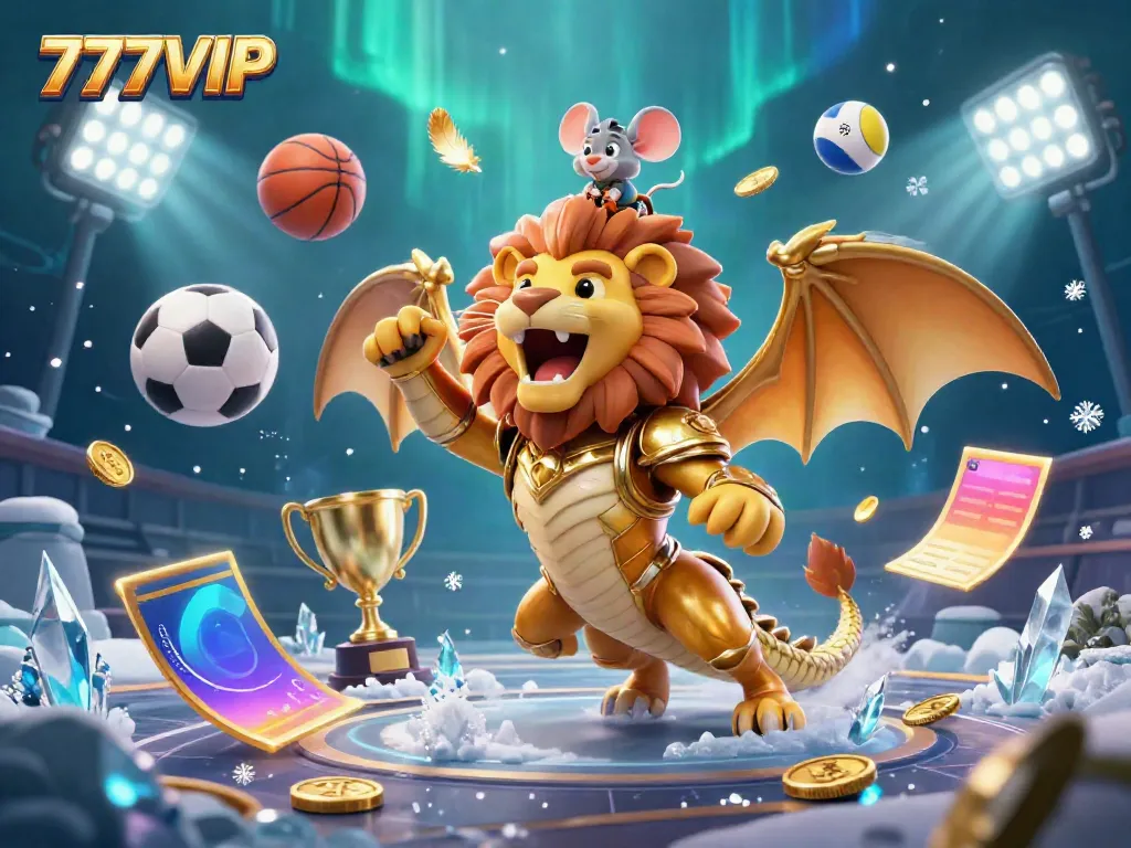 Experience thrills with 777VIP's golden chimera and sports elements in a vibrant casino scene.