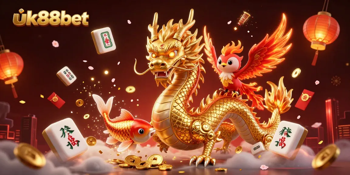 Experience thrilling wins at uk88bet with dynamic 3D illustration featuring dragons, phoenixes, and lucky symbols.